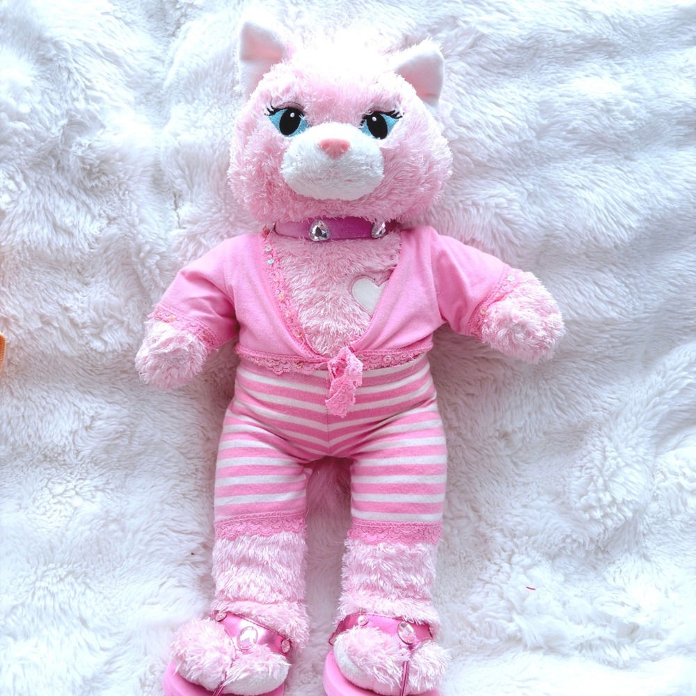 Build-A-Bear Workshop Pink Kitty Cat Plush 18" Striped Pajamas Sandals Collar